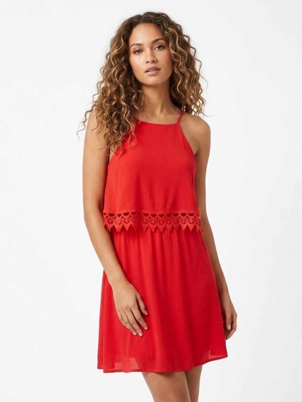 Lulus Mini Dress Size M Crepe Adjustable Spaghetti Straps Lace Trim Red